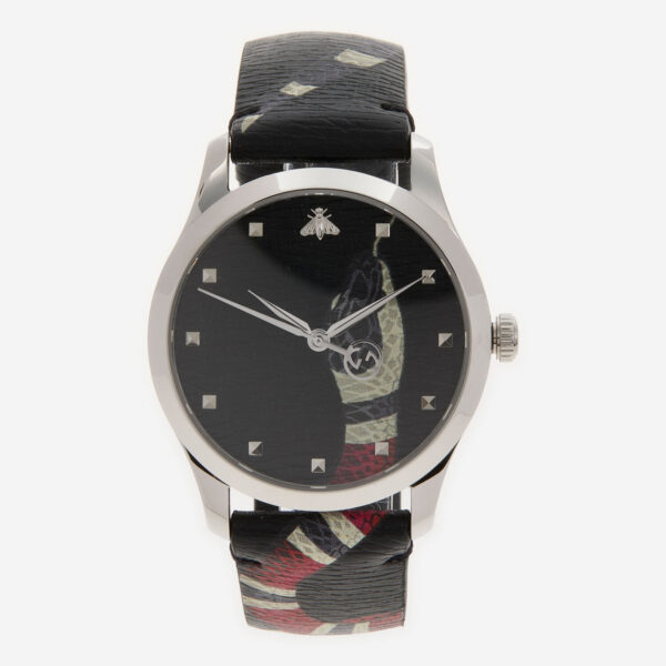 Gucci - Mehrfarbige Armbanduhr mit Schlangenmotiv und Lederarmband
