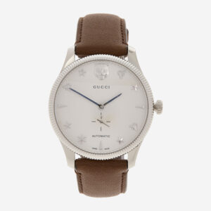 Gucci - Silberfarben-braune Automatikuhr mit Lederarmband