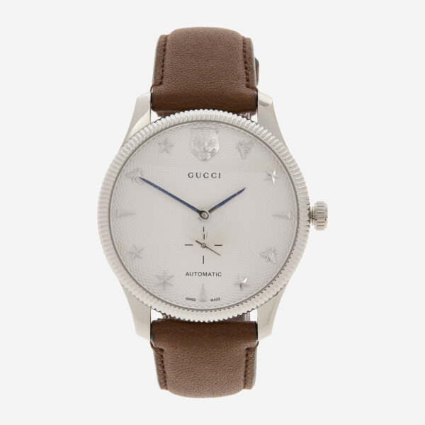 Gucci - Silberfarben-braune Automatikuhr mit Lederarmband